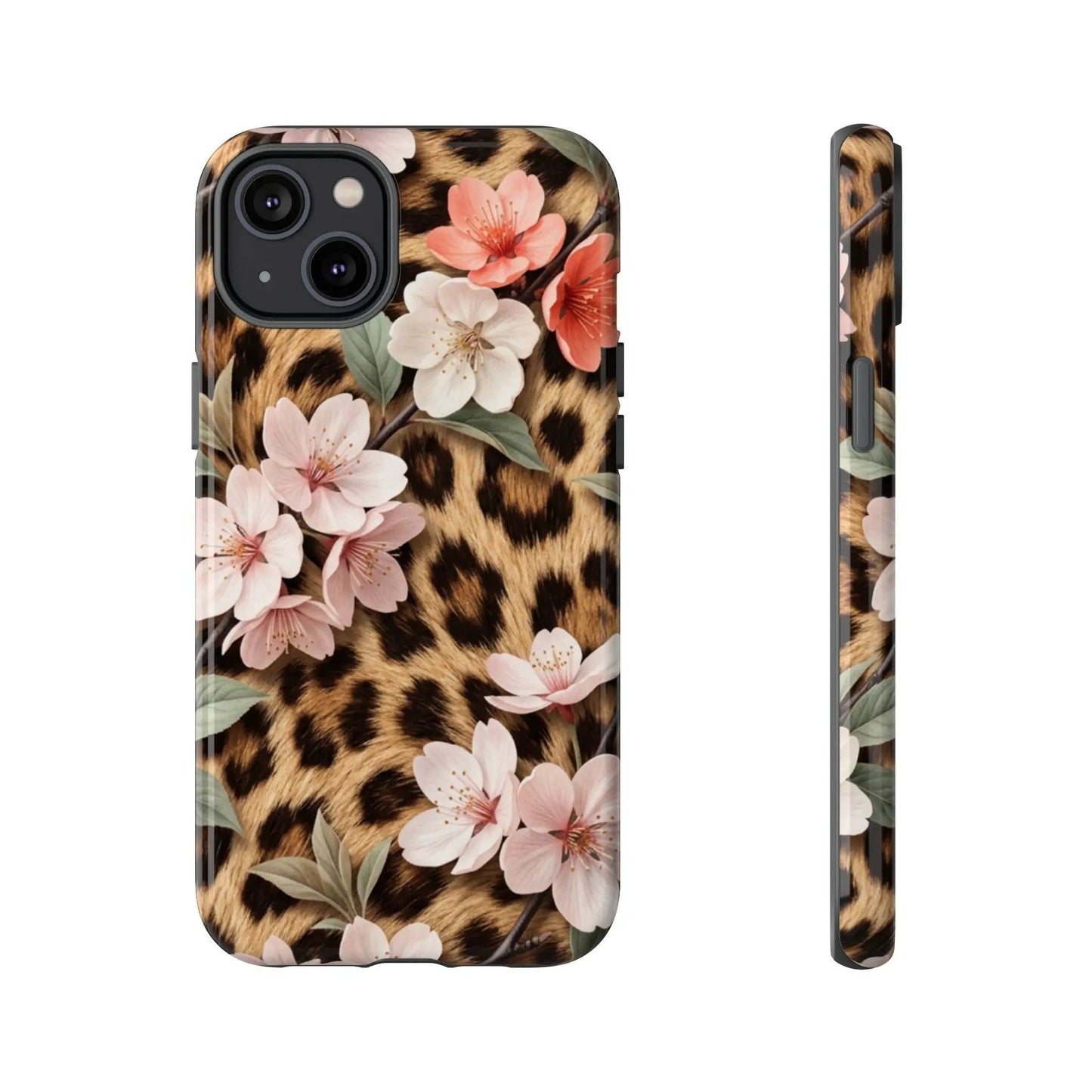 Leopard Floral Tough Case — Protective Phone Case with Pink Cherry Blossoms by Printify
