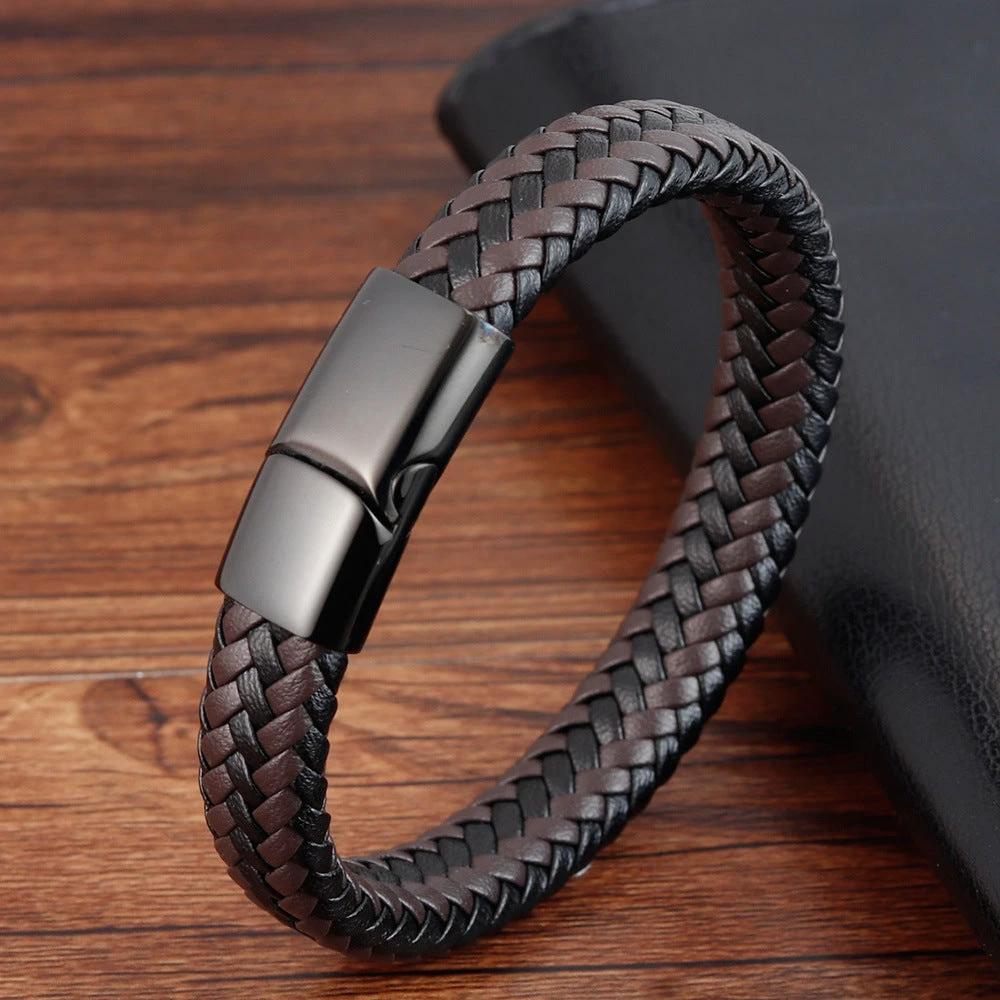 Stainless Steel Leather Braided Bracelet For Men by GJG Denim