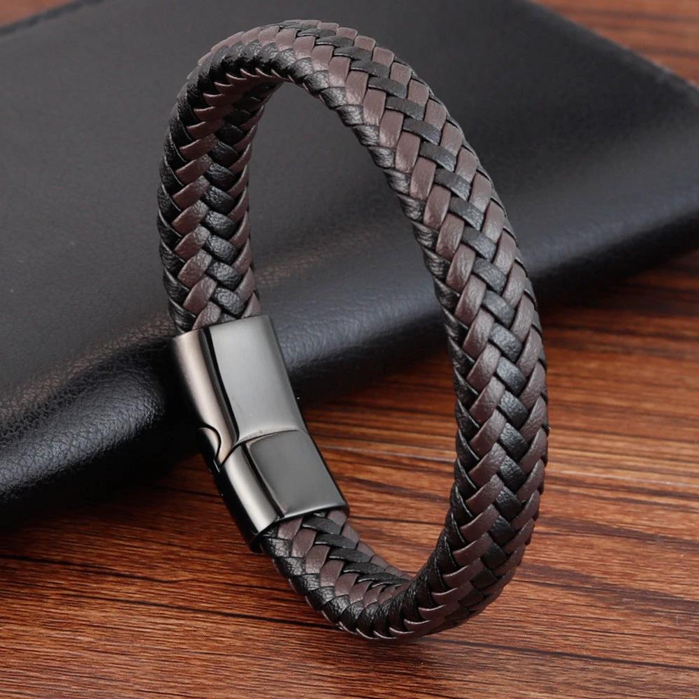 Stainless Steel Leather Braided Bracelet For Men by GJG Denim