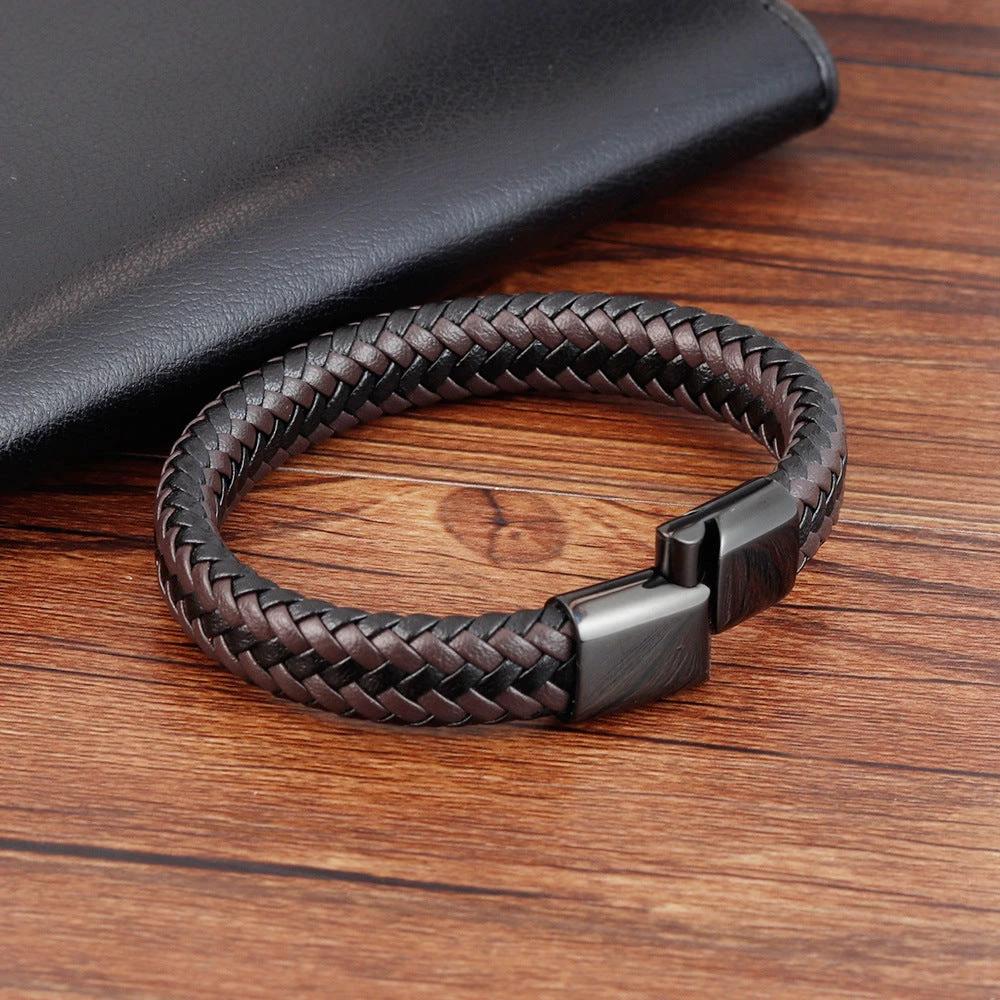 Stainless Steel Leather Braided Bracelet For Men by GJG Denim