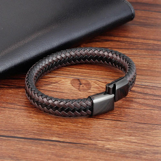 Stainless Steel Leather Braided Bracelet For Men by GJG Denim
