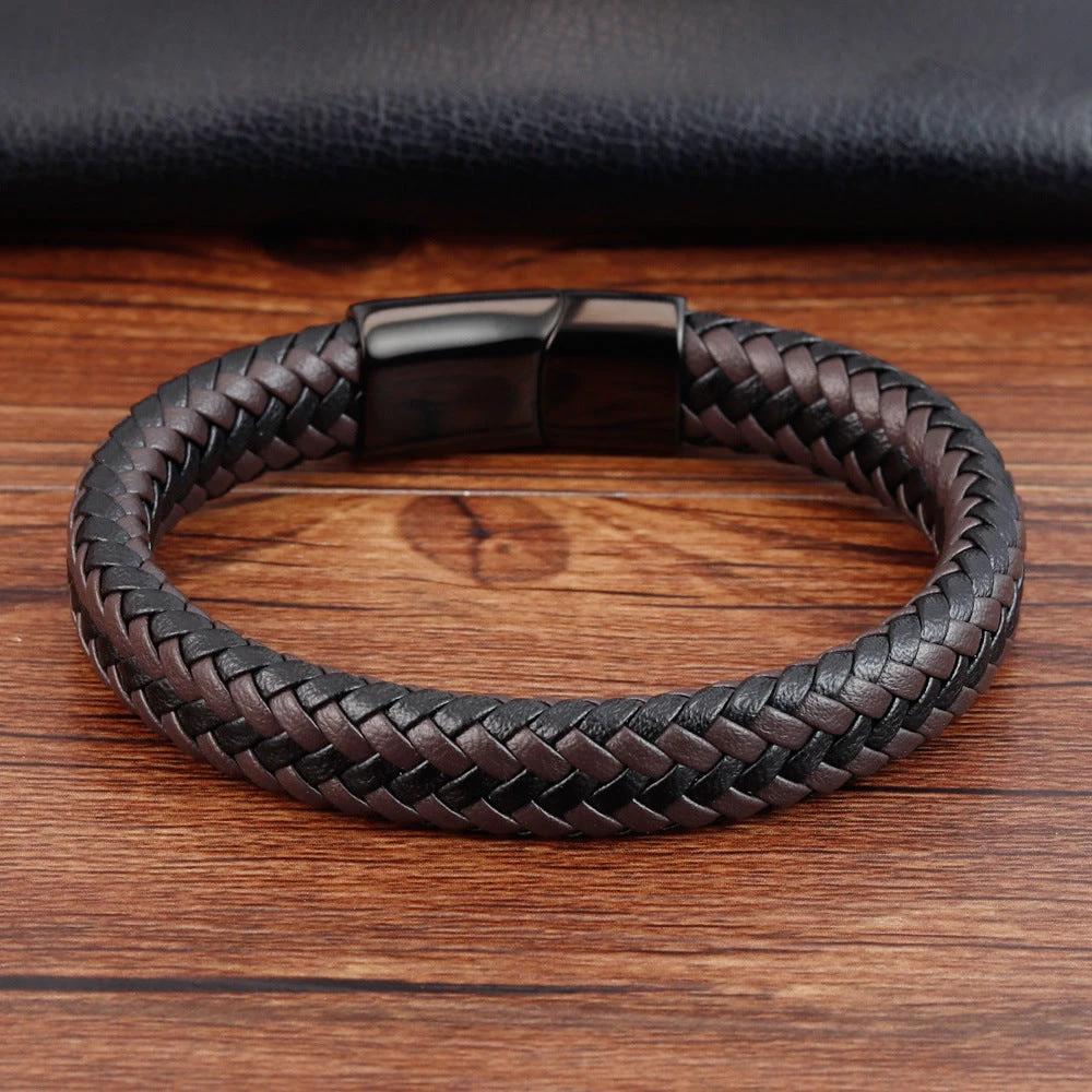 Stainless Steel Leather Braided Bracelet For Men by GJG Denim