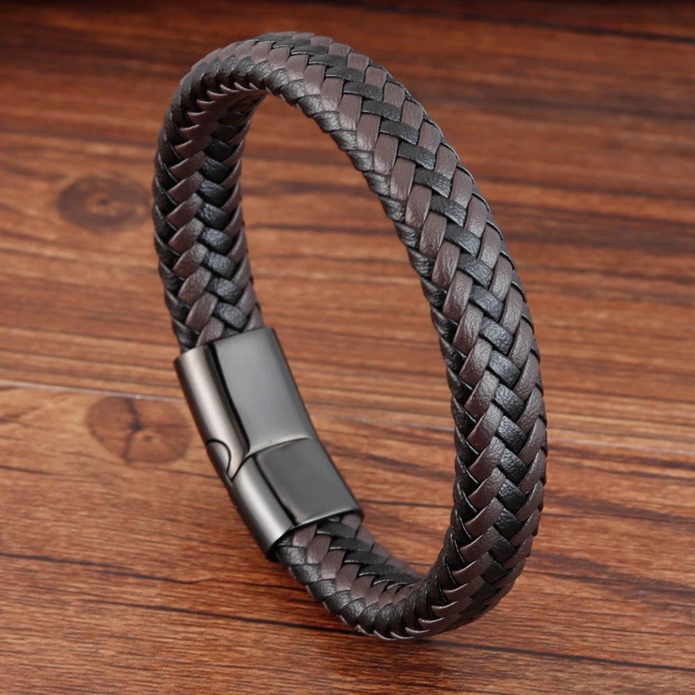Stainless Steel Leather Braided Bracelet For Men by GJG Denim
