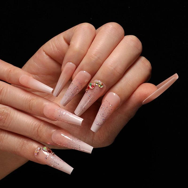 Boxed Ballet Gradient Fake Nails Manicure Wearing Nail Trapezoid Nail Patches Manicure Smashed Diamond Powder by GJG Denim