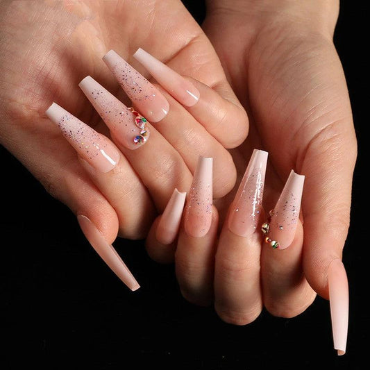 Boxed Ballet Gradient Fake Nails Manicure Wearing Nail Trapezoid Nail Patches Manicure Smashed Diamond Powder by GJG Denim