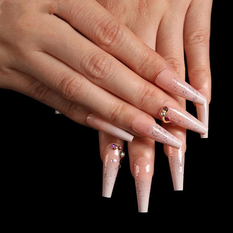 Boxed Ballet Gradient Fake Nails Manicure Wearing Nail Trapezoid Nail Patches Manicure Smashed Diamond Powder by GJG Denim