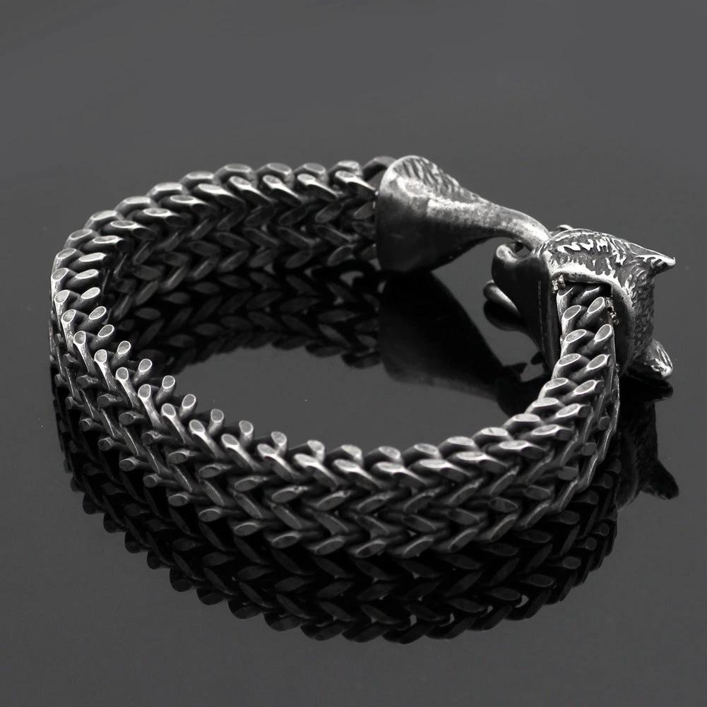 Men's Stainless Steel Vintage Black Wolf Head Cuban Chain Bracelet by GJG Denim