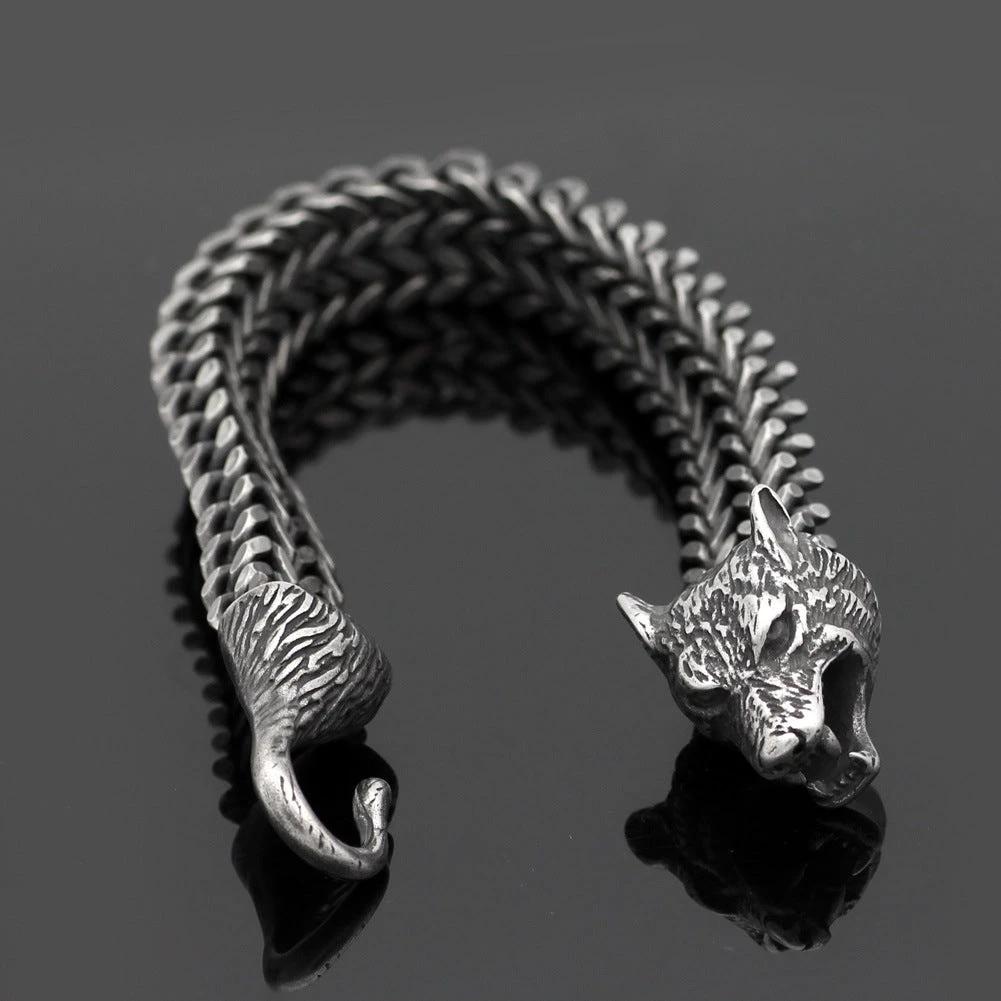 Men's Stainless Steel Vintage Black Wolf Head Cuban Chain Bracelet by GJG Denim