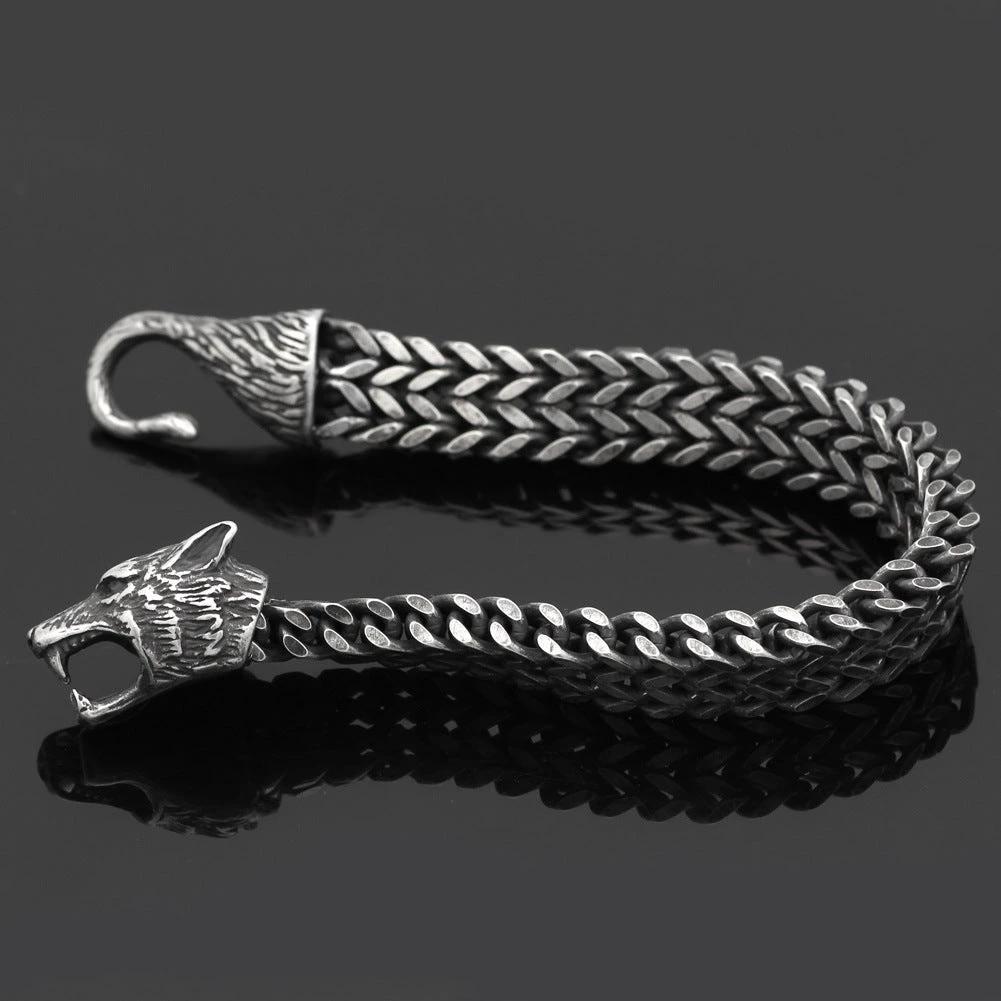 Men's Stainless Steel Vintage Black Wolf Head Cuban Chain Bracelet by GJG Denim