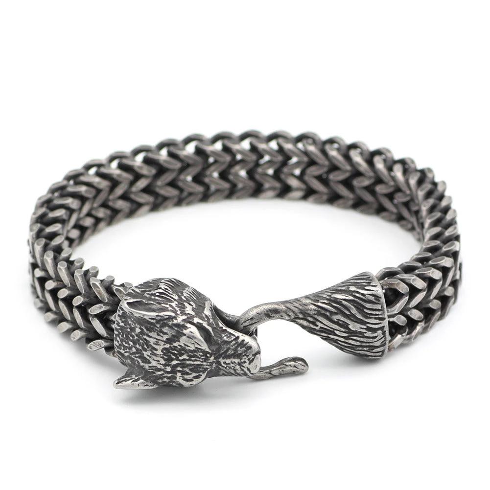 Men's Stainless Steel Vintage Black Wolf Head Cuban Chain Bracelet by GJG Denim