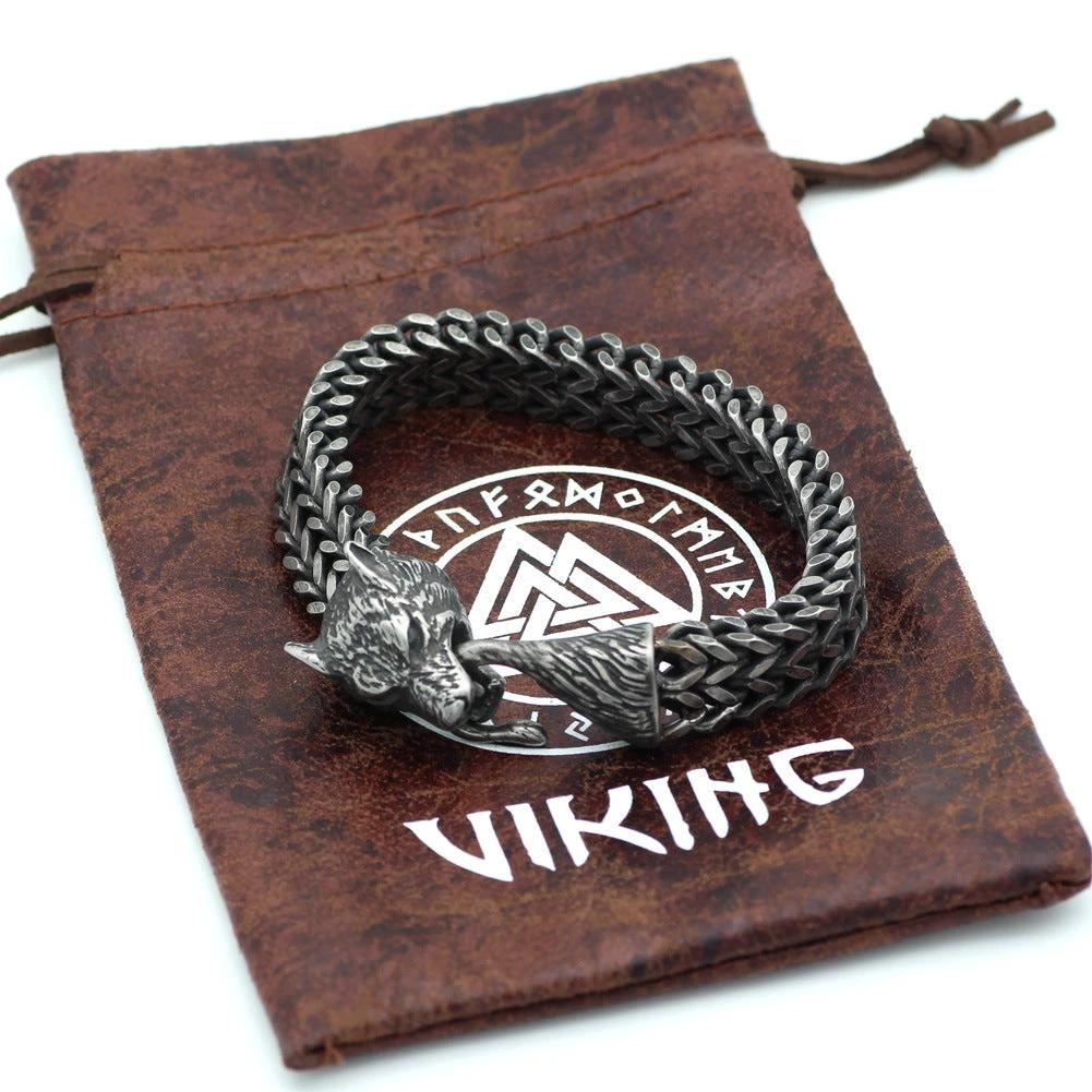 Men's Stainless Steel Vintage Black Wolf Head Cuban Chain Bracelet by GJG Denim