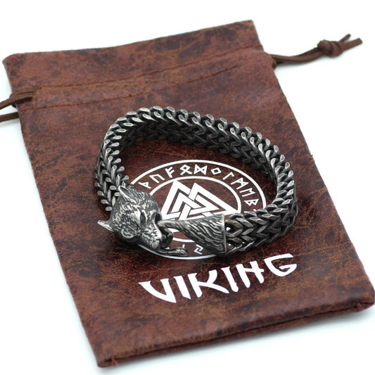 Men's Stainless Steel Vintage Black Wolf Head Cuban Chain Bracelet by GJG Denim