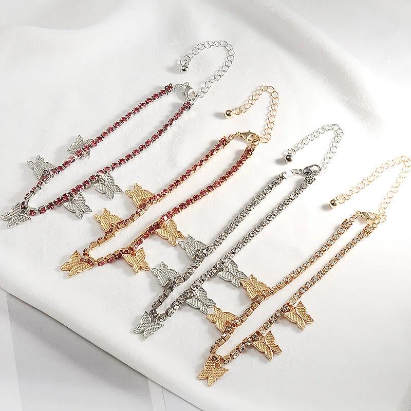 Rhinestone Anklets For Women Zirconia Butterfly Cuban Link Anklet Bracelet On Leg Chain Bohemia Jewelry Foot Accesories by GJG Denim