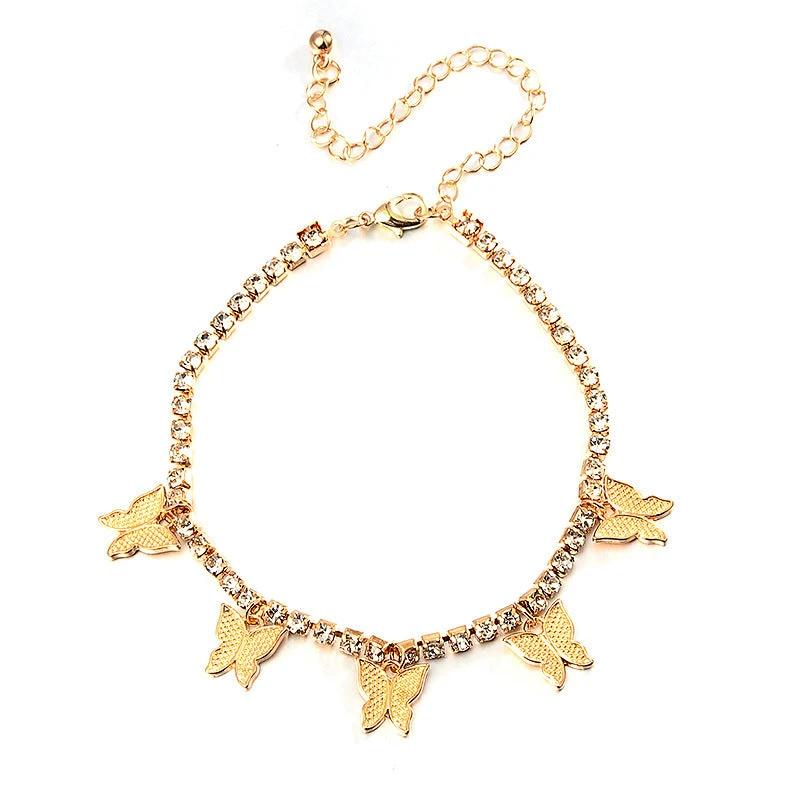 Rhinestone Anklets For Women Zirconia Butterfly Cuban Link Anklet Bracelet On Leg Chain Bohemia Jewelry Foot Accesories by GJG Denim
