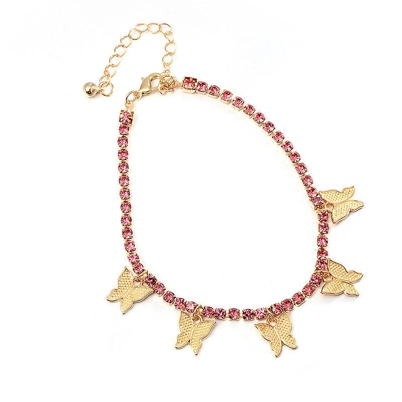 Rhinestone Anklets For Women Zirconia Butterfly Cuban Link Anklet Bracelet On Leg Chain Bohemia Jewelry Foot Accesories by GJG Denim
