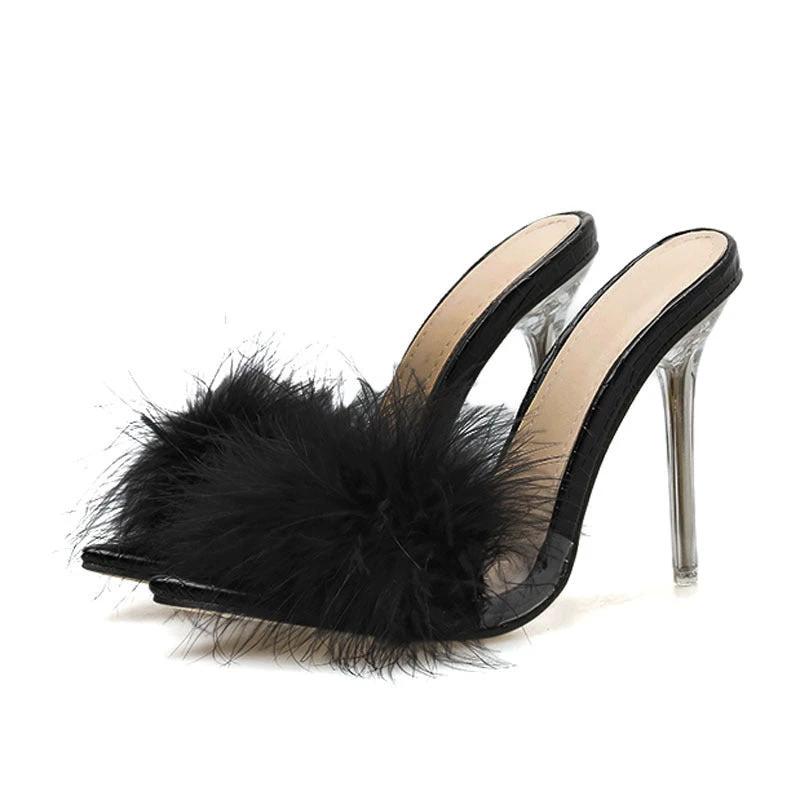 Woman Shoes Transparent Crystal High Heels Woman Feather Fur Slippers by GJG Denim