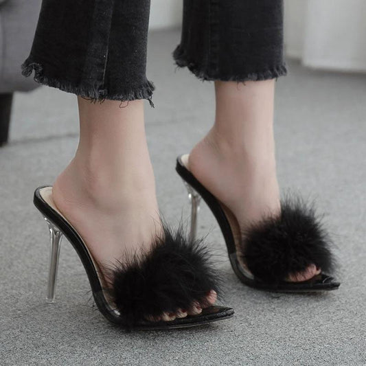 Woman Shoes Transparent Crystal High Heels Woman Feather Fur Slippers by GJG Denim