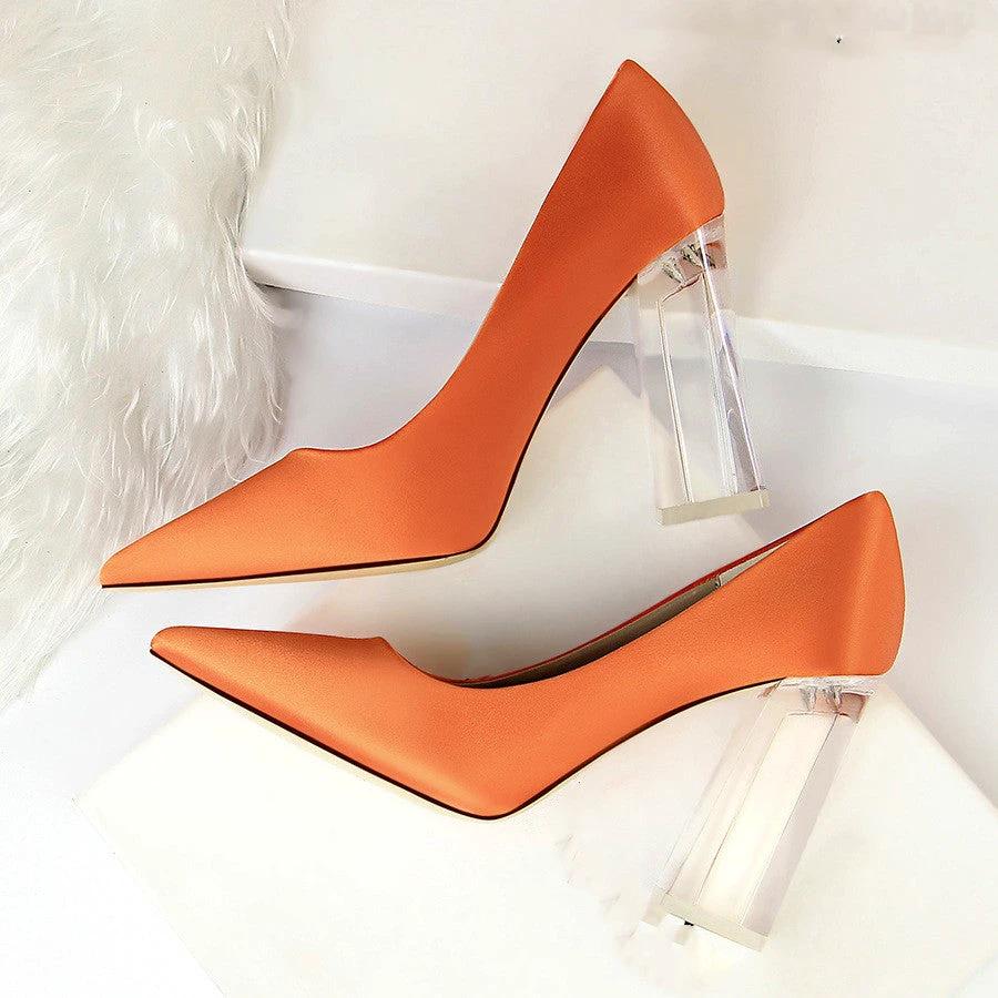 Womens Pumps Shoes Stiletto Satin Transparent Block High Heels by GJG Denim