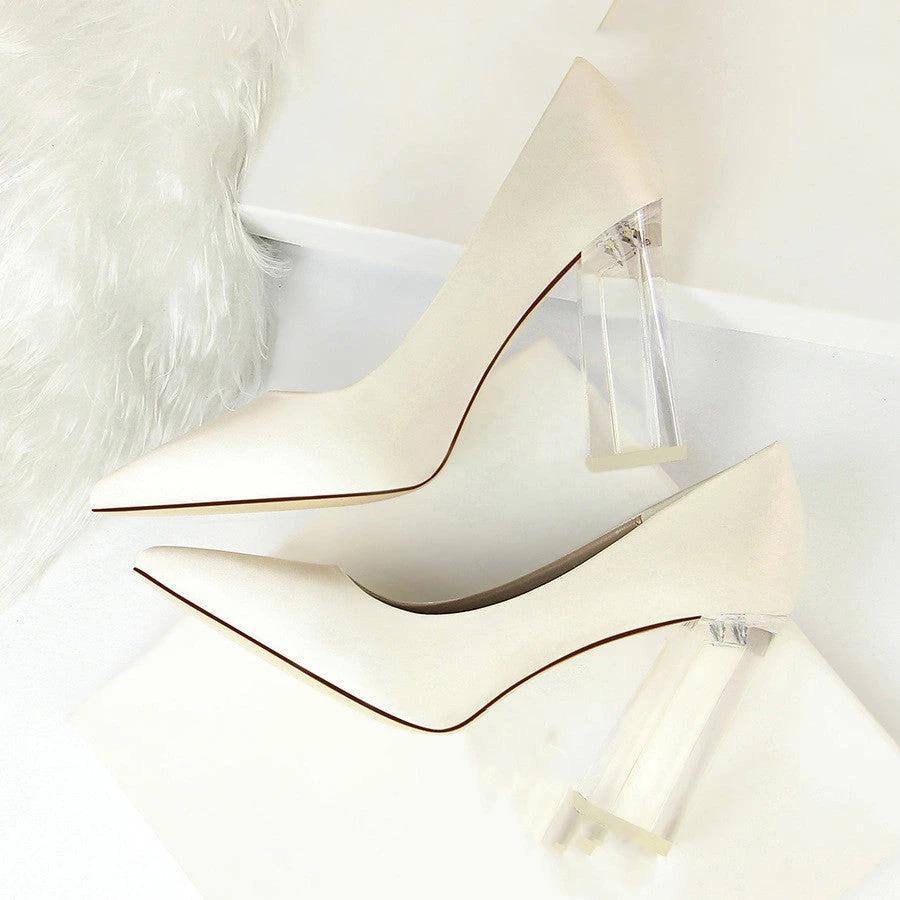 Womens Pumps Shoes Stiletto Satin Transparent Block High Heels by GJG Denim