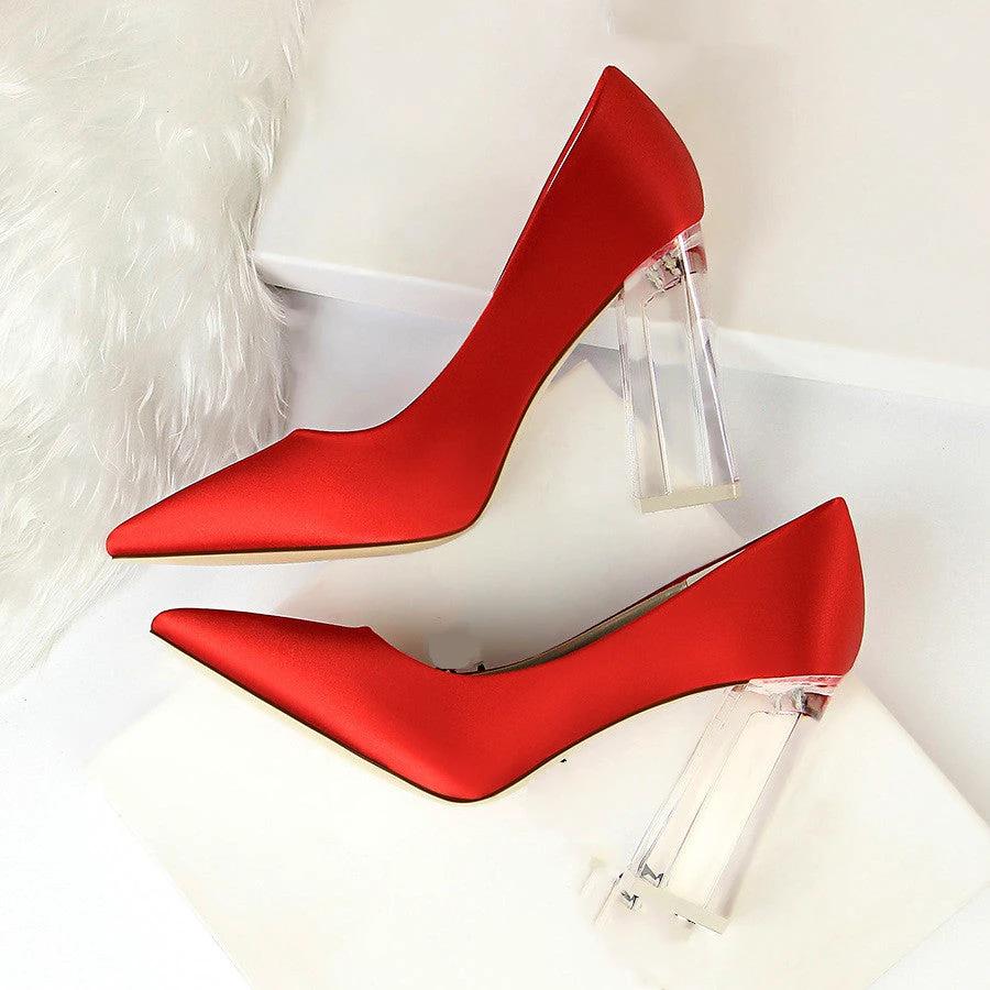 Womens Pumps Shoes Stiletto Satin Transparent Block High Heels by GJG Denim