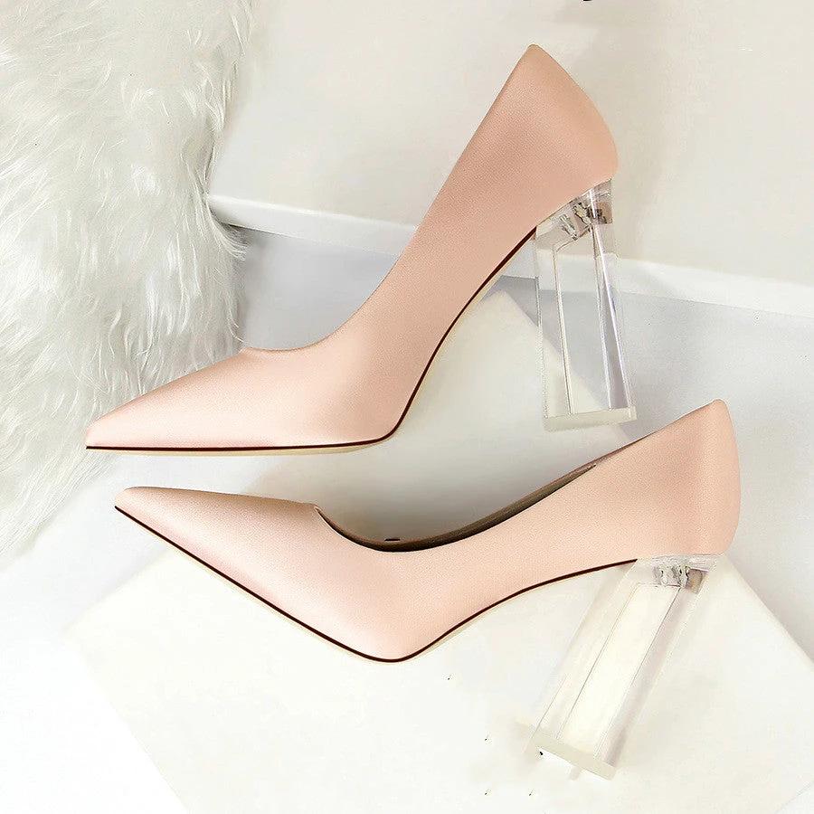 Womens Pumps Shoes Stiletto Satin Transparent Block High Heels by GJG Denim