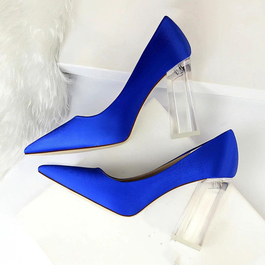 Womens Pumps Shoes Stiletto Satin Transparent Block High Heels by GJG Denim