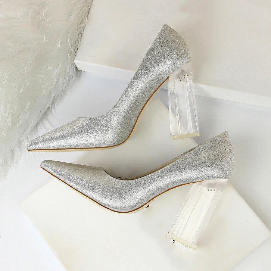 Womens Pumps Shoes Stiletto Satin Transparent Block High Heels by GJG Denim