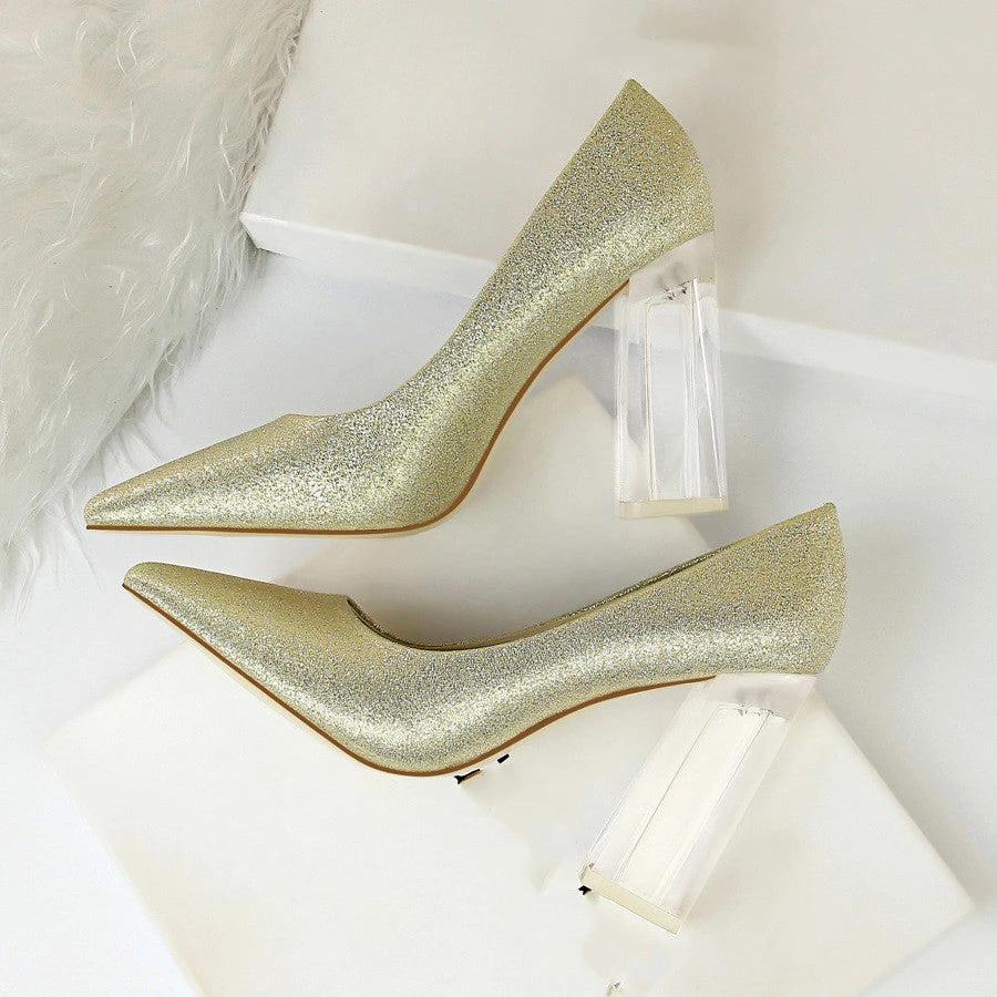 Womens Pumps Shoes Stiletto Satin Transparent Block High Heels by GJG Denim