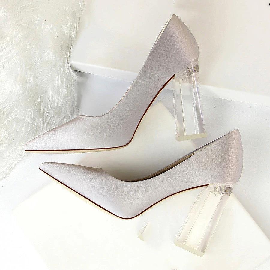 Womens Pumps Shoes Stiletto Satin Transparent Block High Heels by GJG Denim