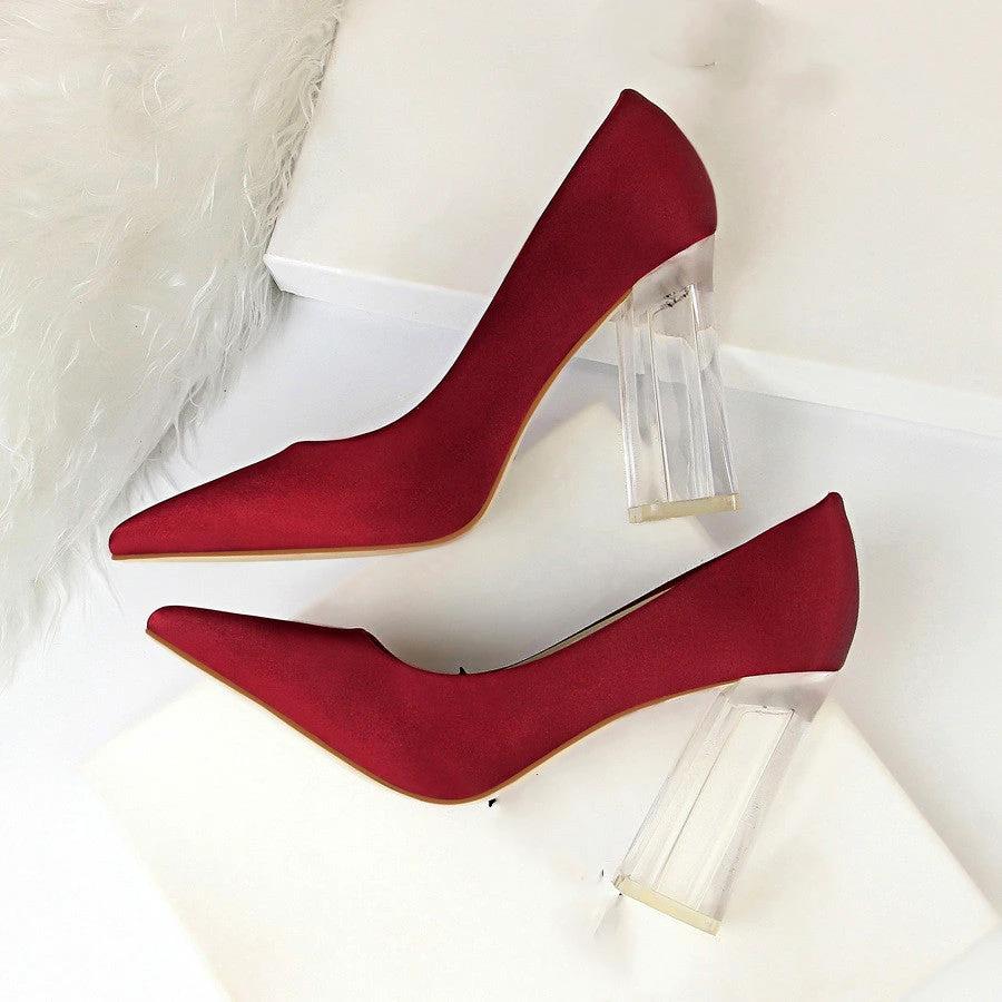 Womens Pumps Shoes Stiletto Satin Transparent Block High Heels by GJG Denim