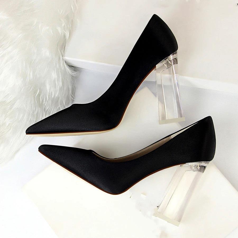 Womens Pumps Shoes Stiletto Satin Transparent Block High Heels by GJG Denim