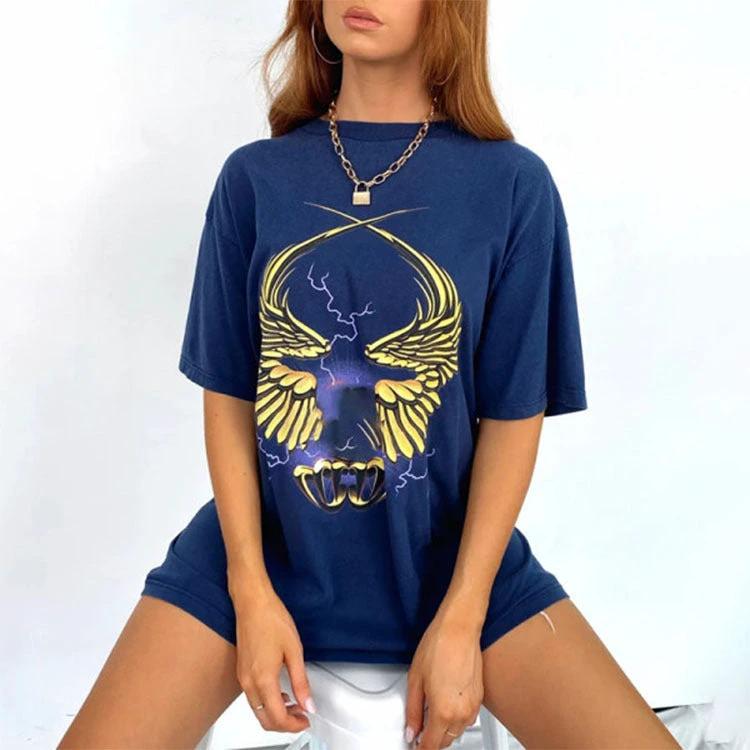 Printed Large Size Loose Short-sleeved Round Neck Mid-length Shirt Blouse by GJG Denim