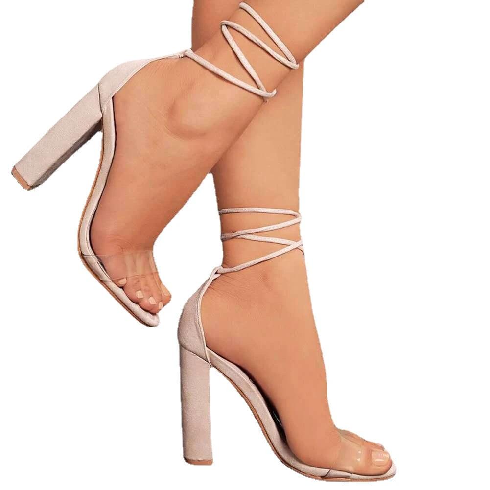 Wish Cross-border Foreign Trade Large Size High Heel Sandals Ladies Thick Heels Fashion Ankle Strap High Heels High Heels by GJG Denim