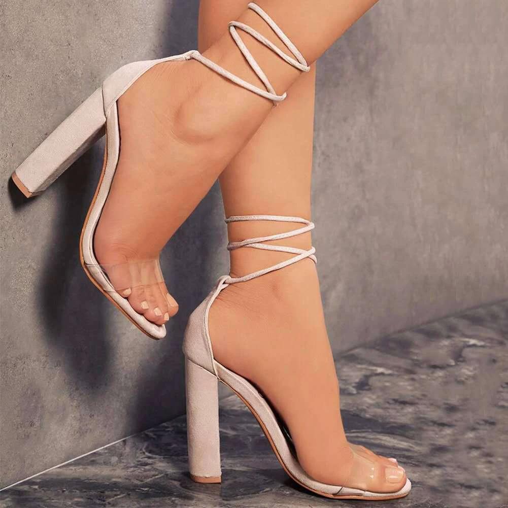 Wish Cross-border Foreign Trade Large Size High Heel Sandals Ladies Thick Heels Fashion Ankle Strap High Heels High Heels by GJG Denim