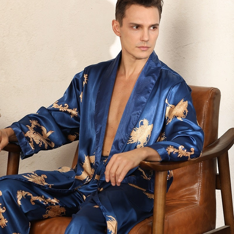 Men's Luxury Silk Robe Long Sleeve/Pants Pajama Set Two-piece by GJG Denim