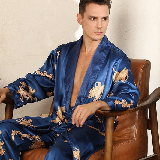Men's Luxury Silk Robe Long Sleeve/Pants Pajama Set Two-piece by GJG Denim
