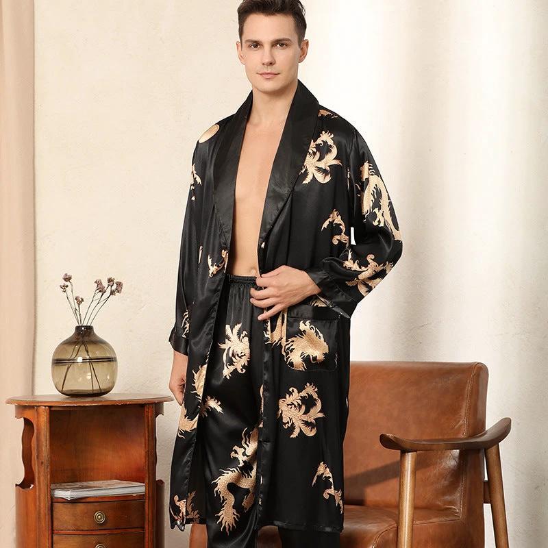 Men's Luxury Silk Robe Long Sleeve/Pants Pajama Set Two-piece by GJG Denim