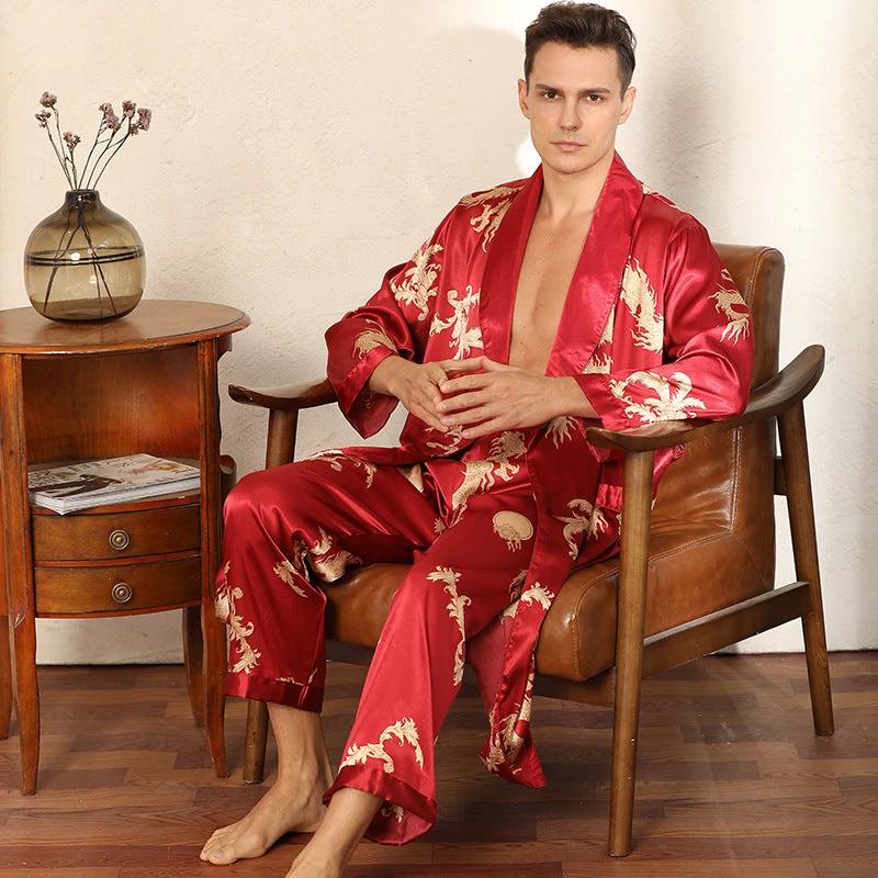Men's Luxury Silk Robe Long Sleeve/Pants Pajama Set Two-piece by GJG Denim