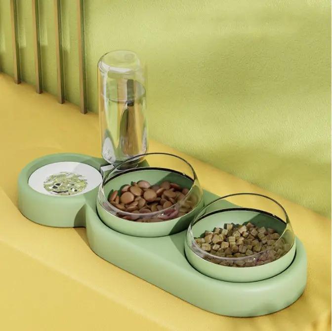 Pet Cat Bowl Automatic Feeder Dog Cat Food Bowl With Water Fountain Double Bowl Drinking Raised Stand by GJG Denim