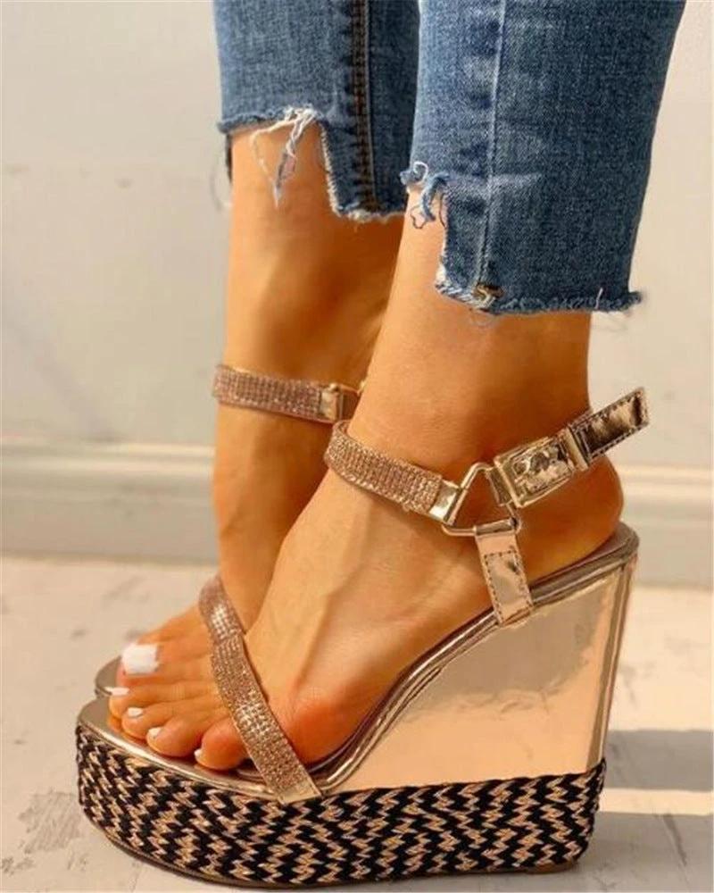 Rhinestone word buckle wedge heeled sandals by GJG Denim