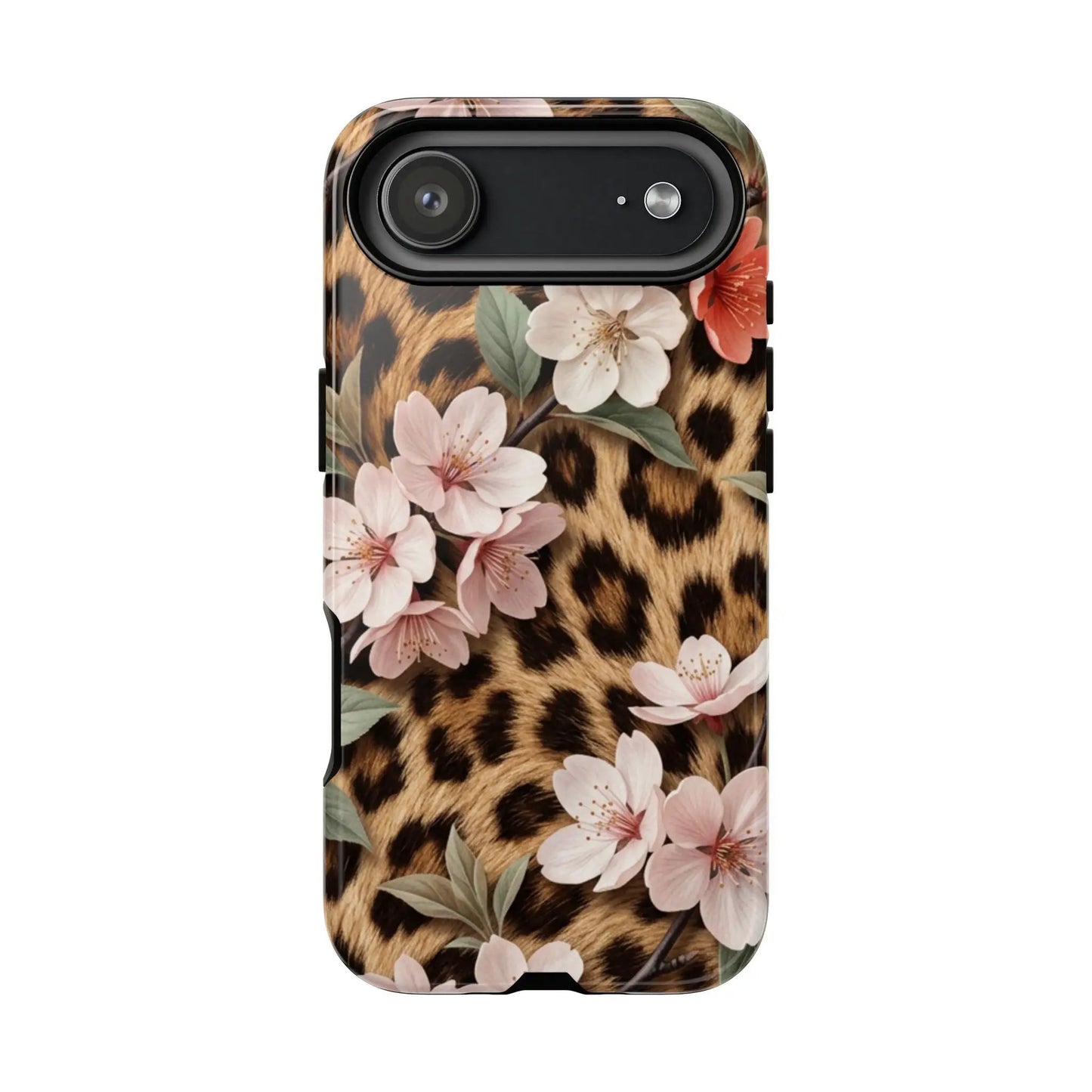 Leopard Floral Tough Case — Protective Phone Case with Pink Cherry Blossoms by Printify