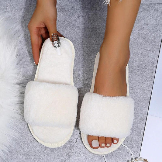Fluffy Women's Indoor Lazy Plush Slippers Flat Cotton Slippers by GJG Denim