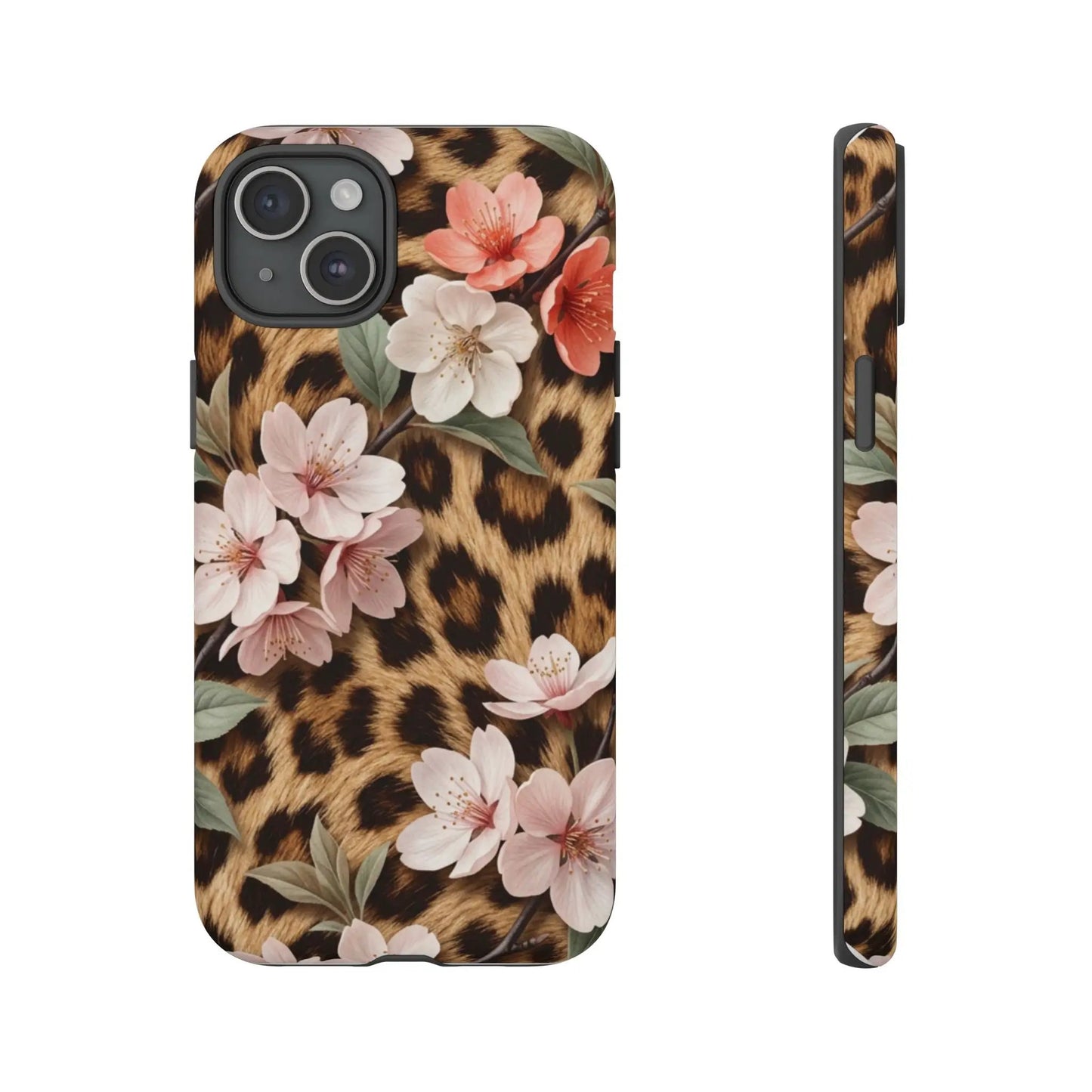 Leopard Floral Tough Case — Protective Phone Case with Pink Cherry Blossoms by Printify