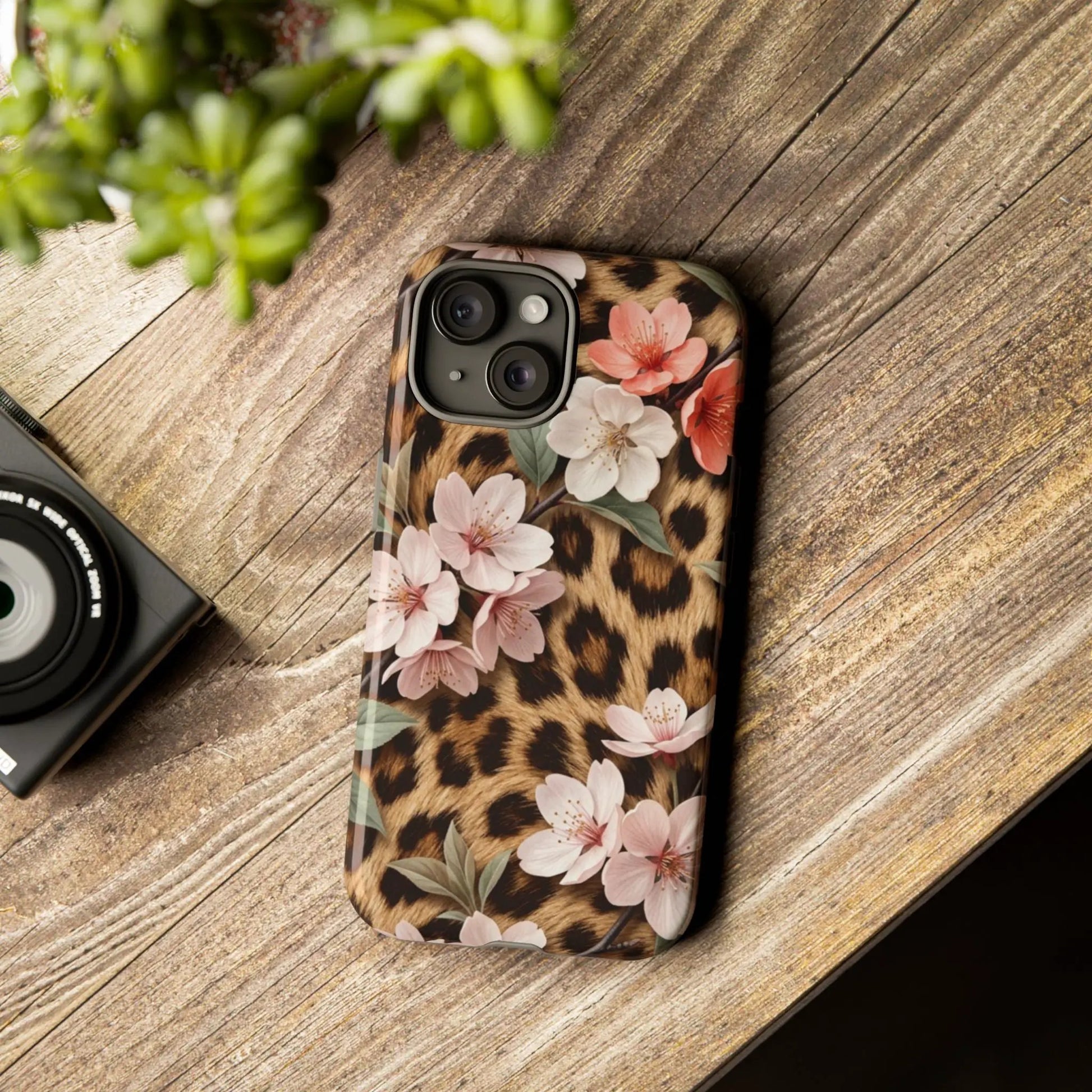 Leopard Floral Tough Case — Protective Phone Case with Pink Cherry Blossoms by Printify