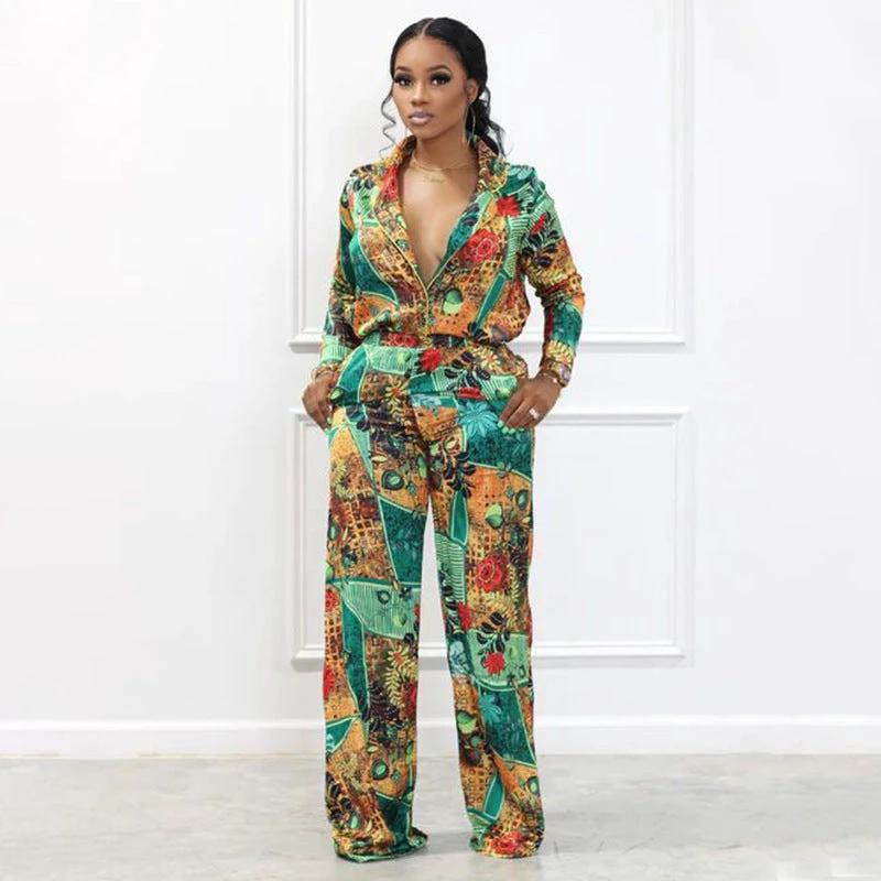 Casual Fashion Digital Printed V-neck Women's Two-piece Suit by GJG Denim
