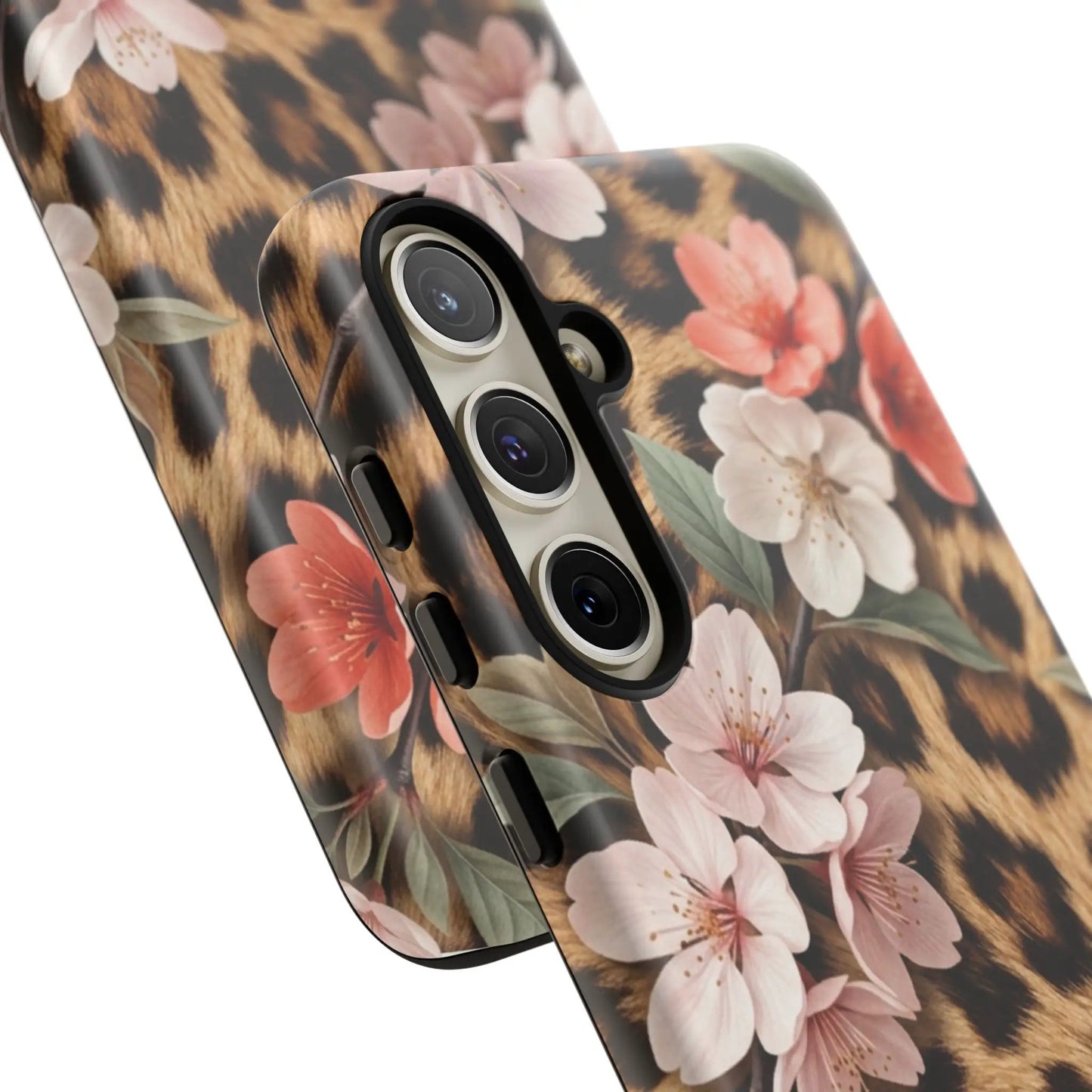 Leopard Floral Tough Case — Protective Phone Case with Pink Cherry Blossoms by Printify