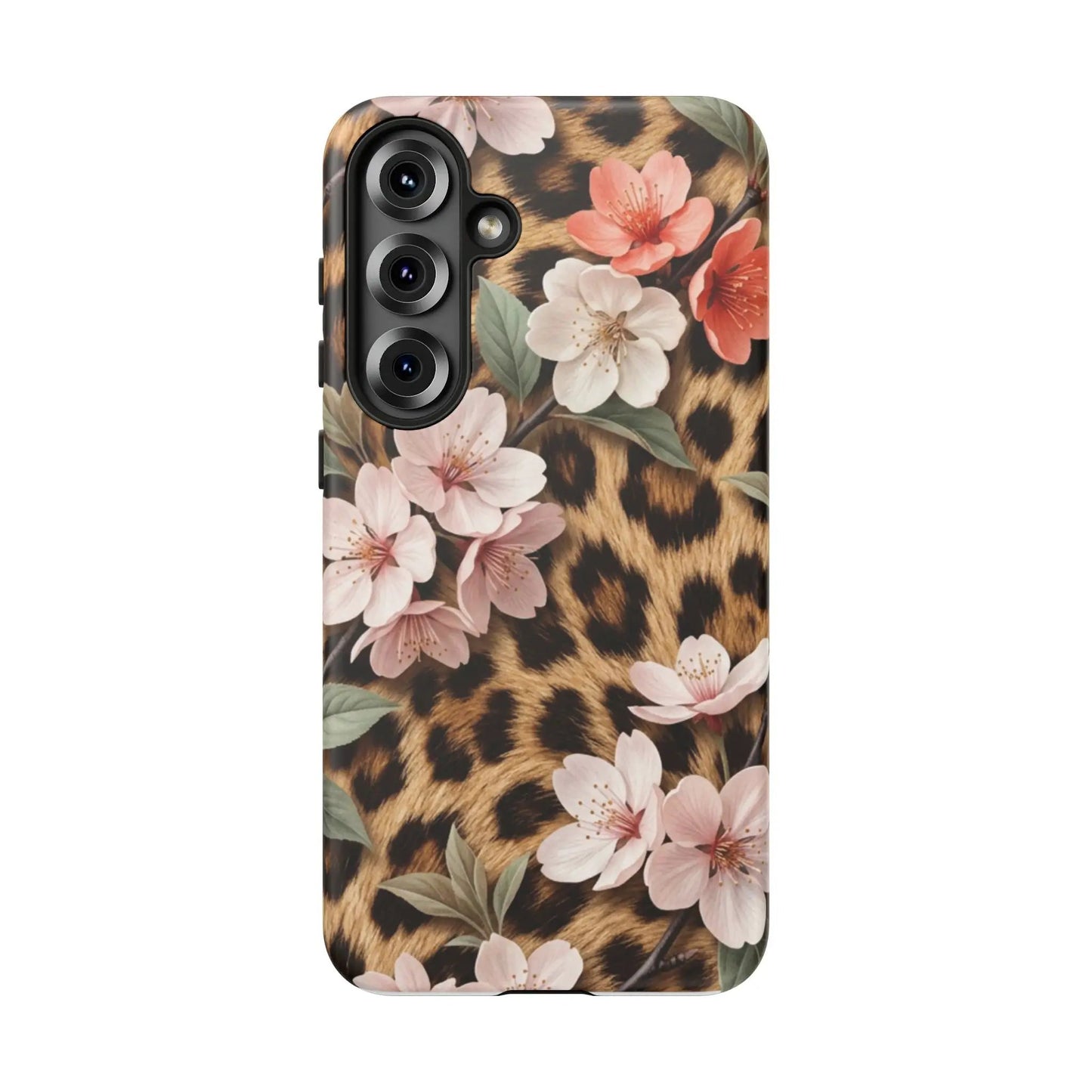 Leopard Floral Tough Case — Protective Phone Case with Pink Cherry Blossoms by Printify