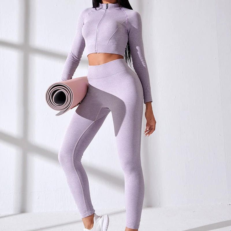 Seamless Yoga Clothes Zipper Tight Long Sleeve High Top Sports Workout Clothes Suit by GJG Denim