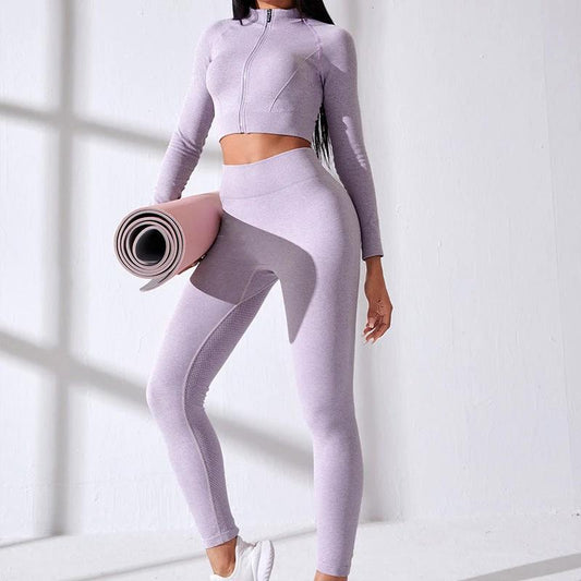 Seamless Yoga Clothes Zipper Tight Long Sleeve High Top Sports Workout Clothes Suit by GJG Denim
