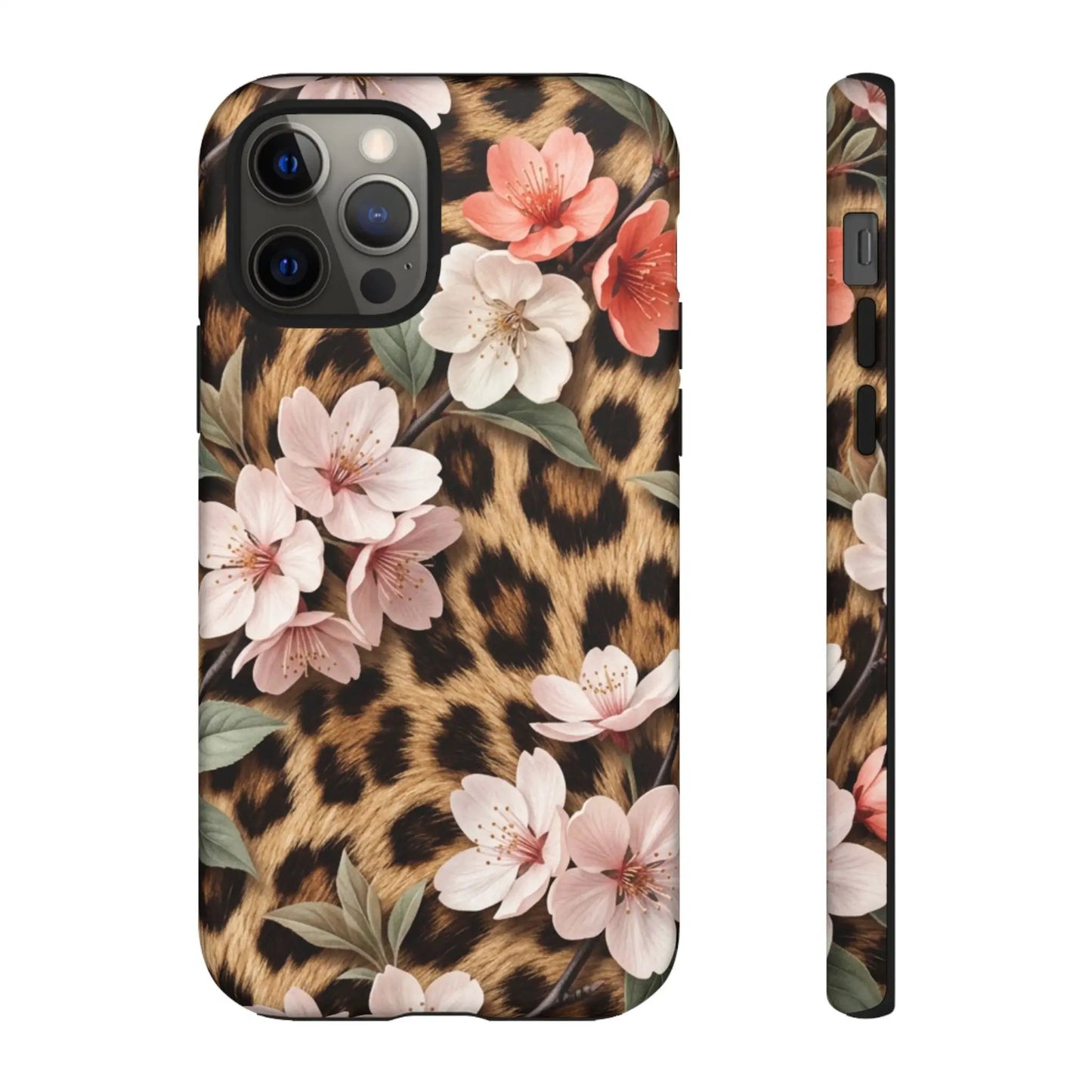 Leopard Floral Tough Case — Protective Phone Case with Pink Cherry Blossoms by Printify